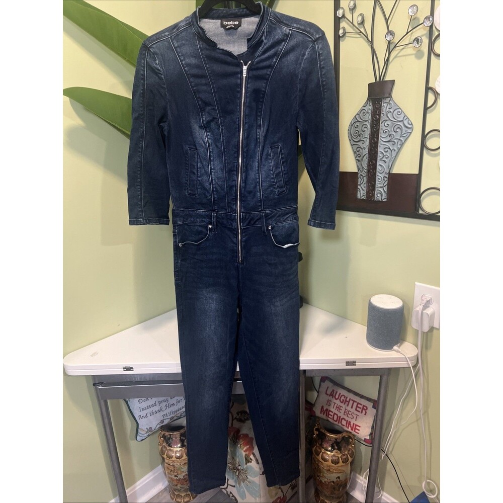 BEBE Stretchy Asym Zip Jumpsuit Blue Denim Size 26